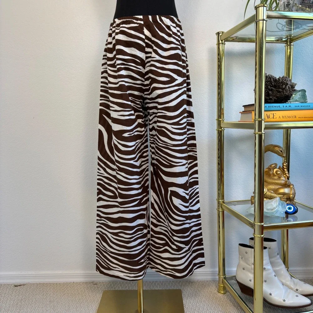Michael Kors Brown Zebra Print Wide Leg Cotton Drawstring Pants Large Resortwear